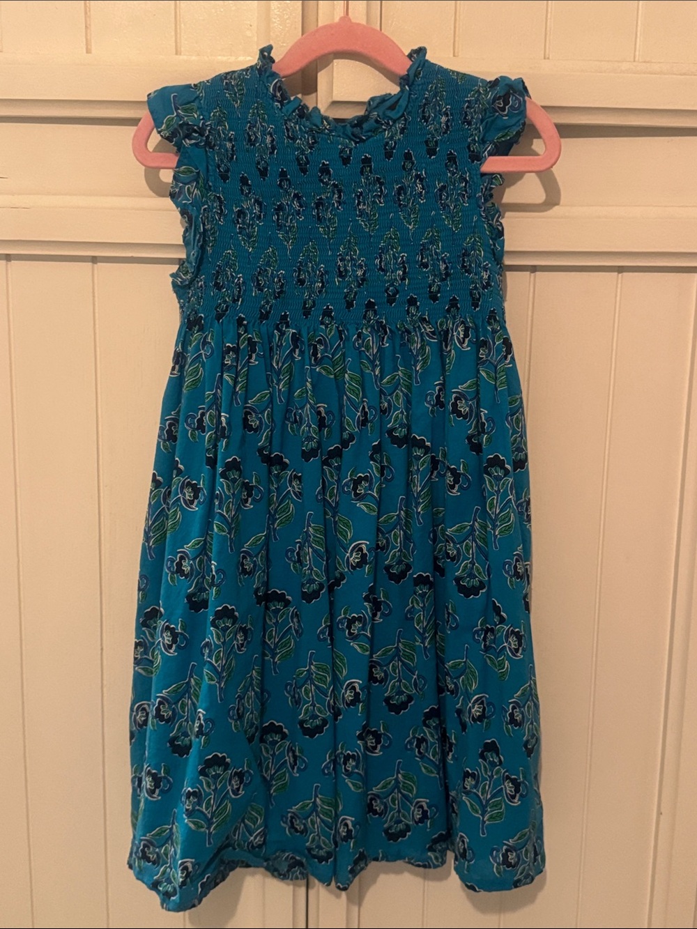 Blue Floral Smocked Sleeveless Dress